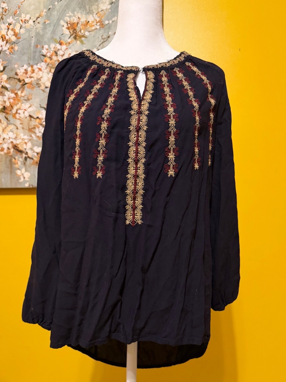 Dress Barn Navy Blouse with Gold & Burgundy Embroidery